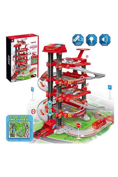 rexa Lean Toys 4-Level Parking Garage Set with Police and Fire Themes