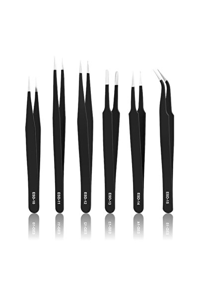 FAC Set 6 pensete de precizie FAC, oțel inoxidabil antistatic, negru