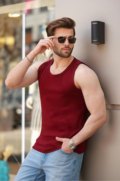 Madmext Burgundy Thick Strap Basic Men's Undershirt E7157