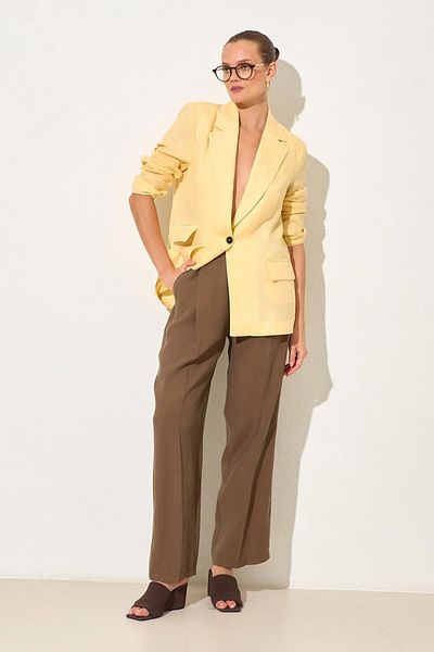 Setre Butter Yellow 100% Linen Pocket Detailed Asymmetric Closure Jacket