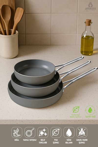 Amboss 3 Piece Nova Mega Fireproof Non-Stick Ceramic Pan Set - Gray