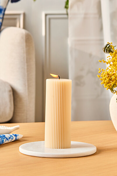 Karaca Striped Tırtıklı Sütun Mum 15 cm Bej