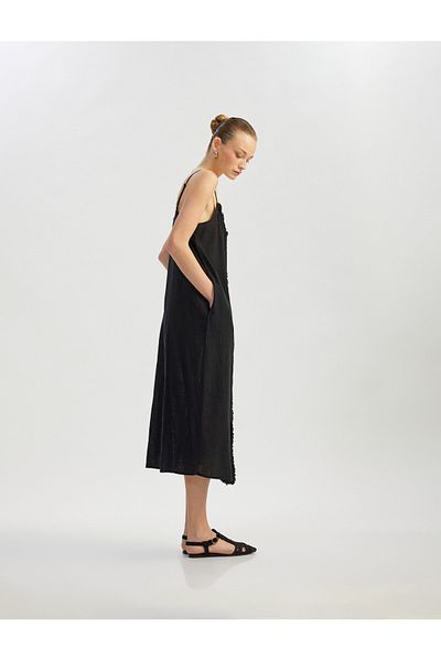 Koton Cotton Wide Cut Tassel Pocket Thin Strap Midi Length Dress