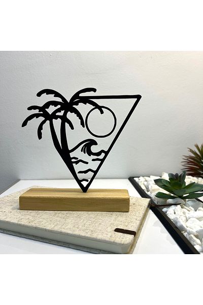 OEM "Tropical Escape" decoration with natural wood base, 15 cm, black, 3D printed
