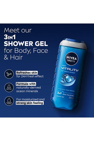NIVEA MEN Vitality Fresh Shower Gel 3in1, Body Wash Masculine Scent, 250ml, Pack of 3