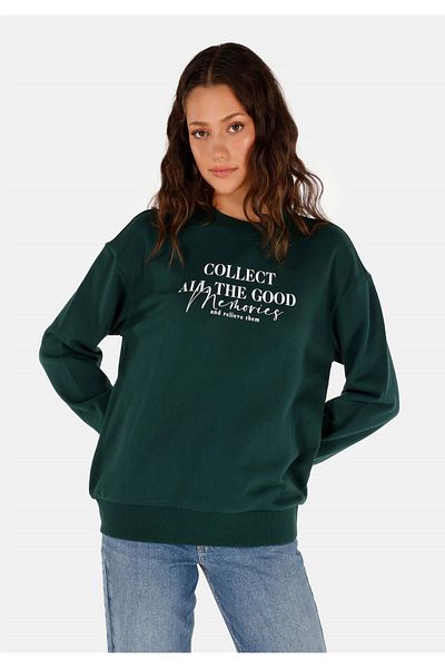 Colin's Regular Fit Round Neck Printed Women's Green Sweatshirt