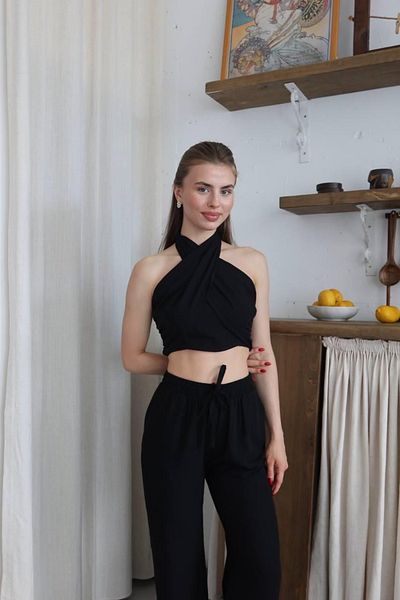 Ekim Store Halter Neck Linen Blouse Trousers Double Set