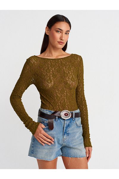 Dilvin 31312 Boat Neck Lace Top-Dark Green
