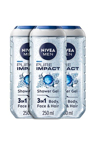 NIVEA MEN Pure Impact 3in1 Shower Gel Body Wash, Deep Cleansing, 250ml, Pack of 3