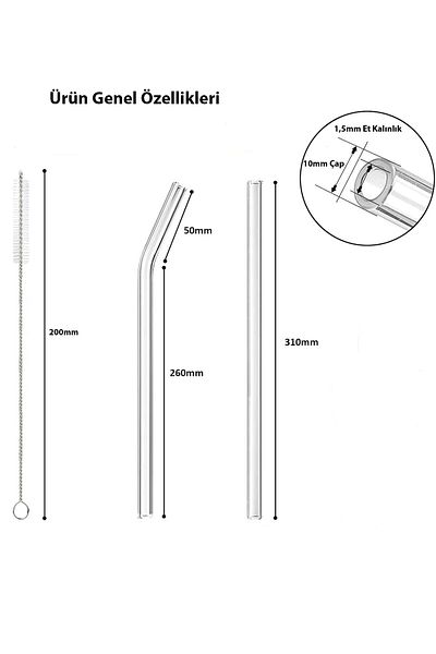 CAMGEN 4 Pieces Glass Straw + 1 Piece Brush 10 mm Diameter 310 mm Length Thermoses Compatible