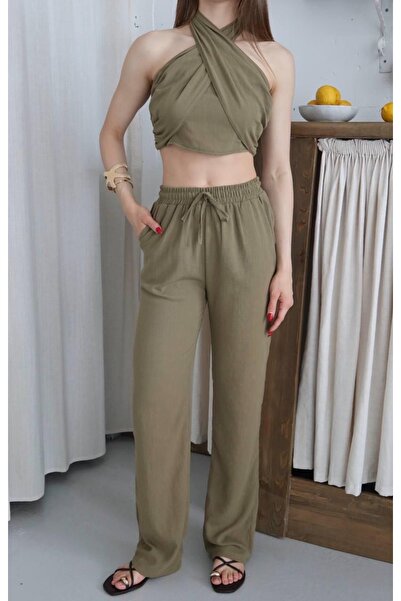 Ekim Store Boyundan Bağlamalı Keten Bluz Pantolon İkili Takım