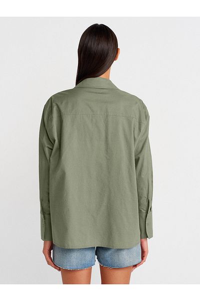 Dilvin 50497 Long Sleeve Oversize Linen Shirt-Green
