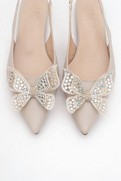 LuviShoes Oriol Beige Skin Butterfly Stone Pointed Toe Open Back Women's Ballerina Shoes