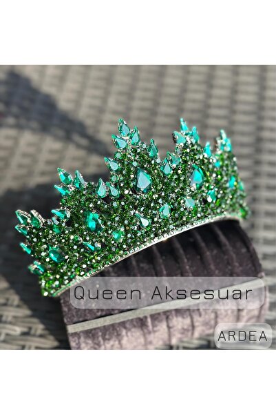 QUEEN AKSESUAR تاج زفاف من Ardea مصنوع من حجر الكريستال الأخضر الزمردي بتصميم فاخر وقبعة معدنية مع تصميم أصلي