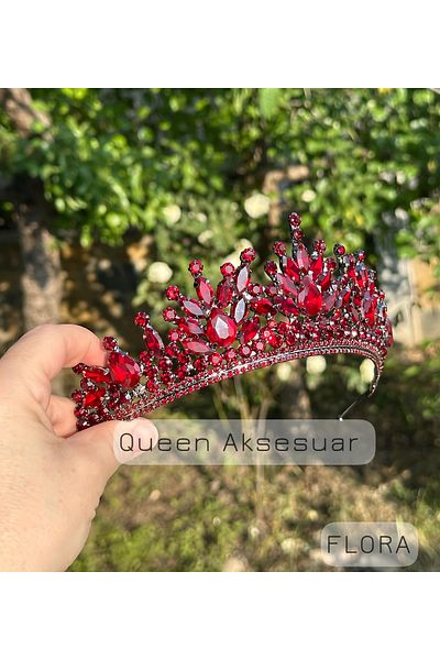 QUEEN AKSESUAR تاج زفاف فاخر بتصميم فلورا جرانادا من حجر الكريستال الأحمر العنابي مع تاج معدني بنمط أصلي