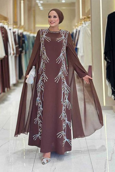 Bym Fashion Evening Dress with Stone Detail with Cape Sleeves 3958 Brown