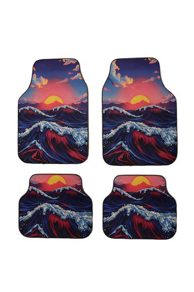 Generic Universal Car Mat Set – Marine Design With Waves And Sunset – 4 Pieces