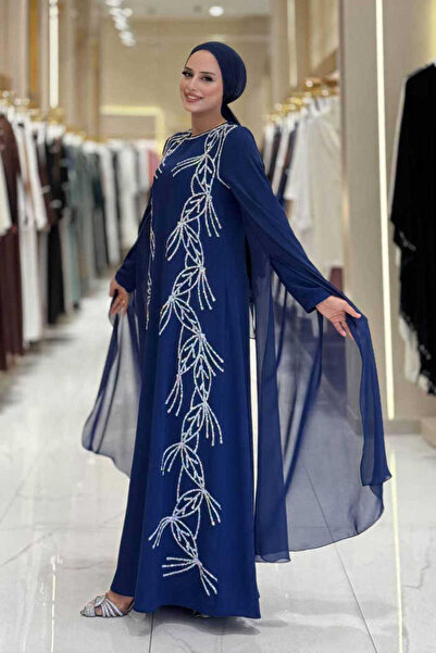 Bym Fashion Evening Dress with Stone Detail with Cape Sleeves 3958 Navy Blue