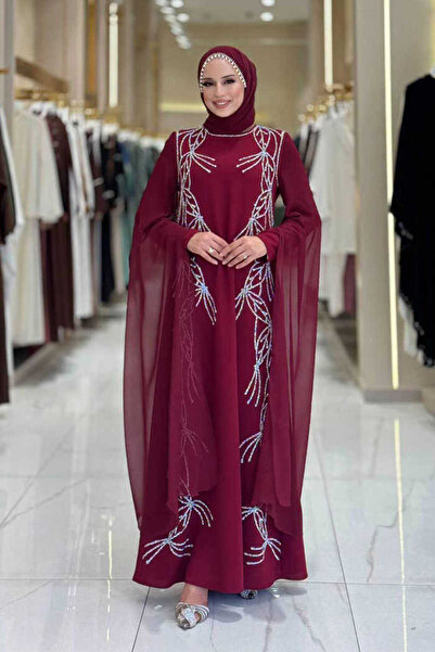 Bym Fashion Evening Dress with Cape Sleeves and Stone Detail 3958 Burgundy