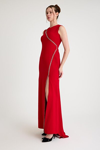 SpringStore Kırmızı Zincir Detaylı Abiye Elbise
