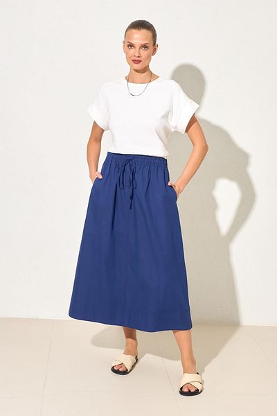 Setre Navy Blue 100% Cotton Elastic Waist Relaxed Cut Midi Length Skirt