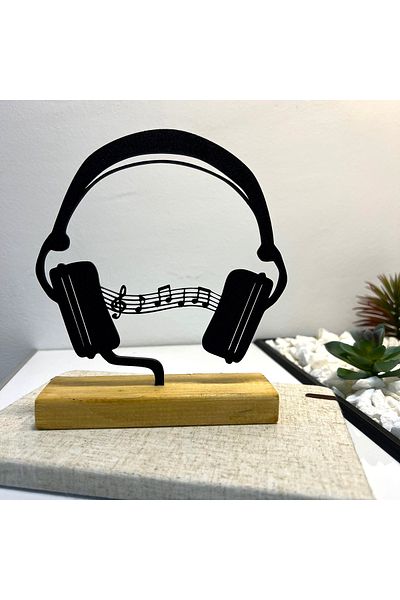 OEM "Headphones with portable" decoration with natural wooden base, 17 cm, black, 3D printed