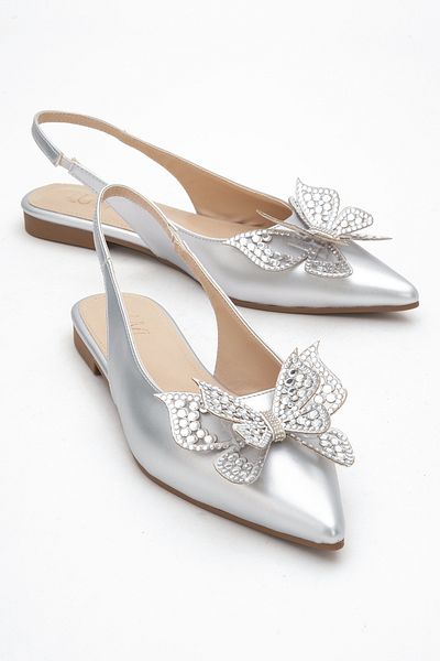 LuviShoes ORIOL Silver Skin Butterfly Stone Pantofi de balerină pentru damă cu vârf ascuțit