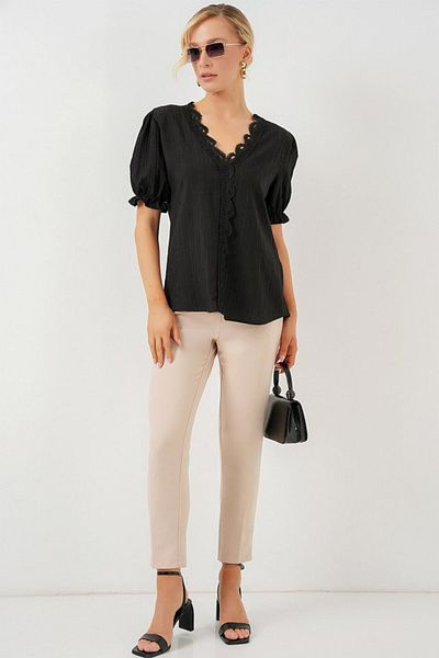 modaserdem V-Neck Ruched Blouse 956 - Black