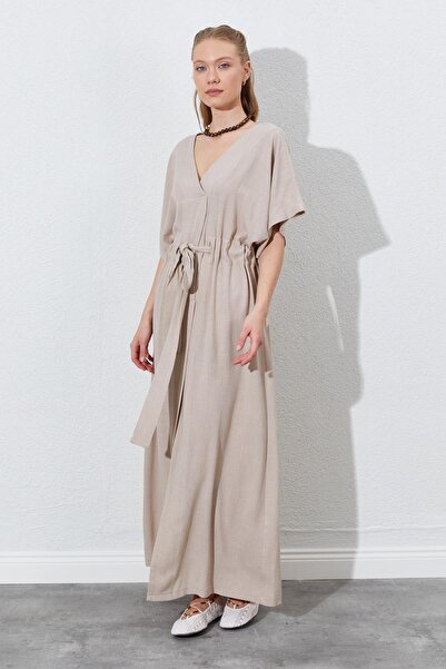 TENA Γυναικείο Μακρύ Φόρεμα Σκούρο Μπεζ Χαμηλό Μανίκι Μέση Τούνελ Ζώνη Λινό