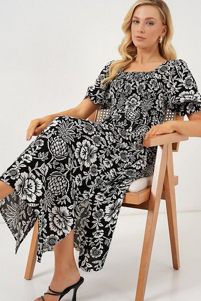 modaserdem 2512 Patterned Slit Dress - D. Black