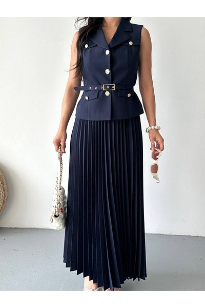 Ekim Store Costum blazer dublu cu vestă plisată și fustă
