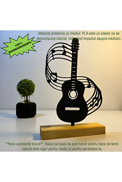 OEM Decoratiune "Chitara & Portativ" cu baza din lemn , 21 cm, negru, imprimat 3D