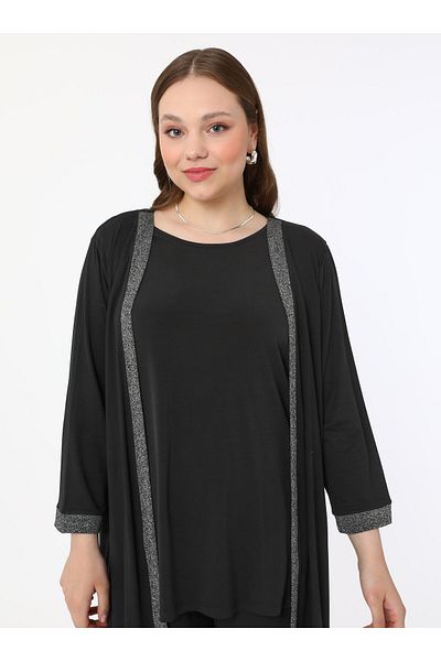 ALİA Large Size Knitted Cardigan with Glitter Fabric Detail - Black - Alia