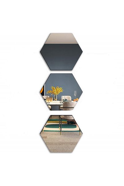 OEM Set de 3 oglinzi acrilice autoadezive, model hexagonal, 18,5x16x9,3 cm, argintii