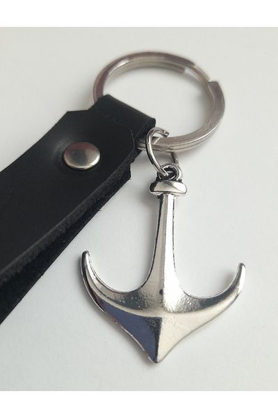 AB Takı Anchor Symbol Fashion Black Real Leather Keychain