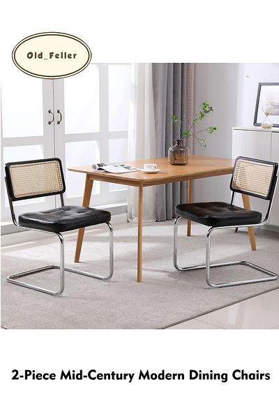 Old_Feller 2-piece Vintage Rattan Dining Chairs: Mid-century Faux Leather Upholstered, Cane Back & Chrome Legs