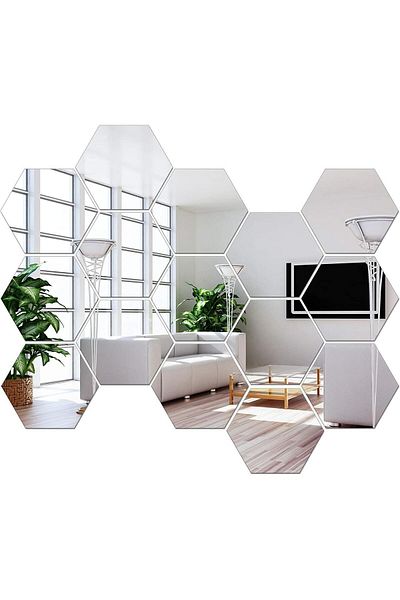 OEM Set de 15 oglinzi acrilice autoadezive model hexagonal, 12,5x11x6,4 cm, argintii