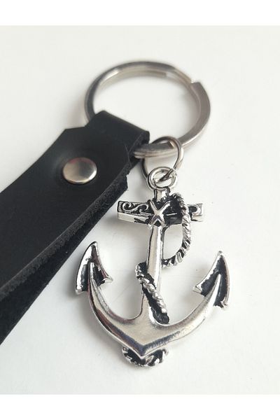 AB Takı Anchor Premium Symbol Fashion Black Real Leather Keychain