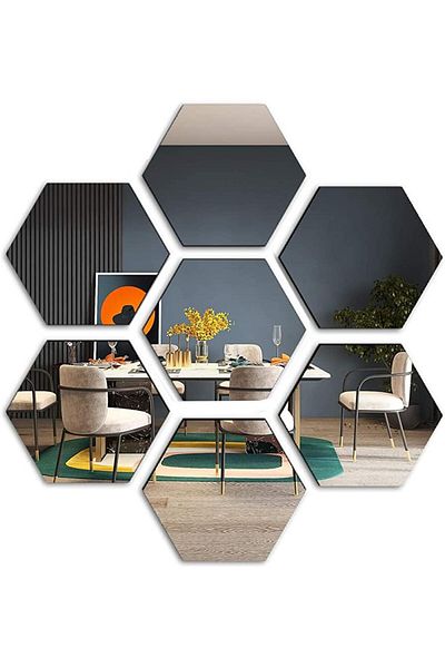 OEM Set de 8 oglinzi acrilice autoadezive, model hexagonal, 12,5x11x6,4 cm, argintii