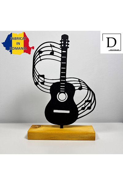 OEM "Guitar & Laptop" decoration with natural wood base, 21 cm, black, 3D printed