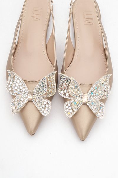 LuviShoes ORIOL Pantofi de balerină pentru damă, cu vârf ascuțit, din piele aurie, cu fluture