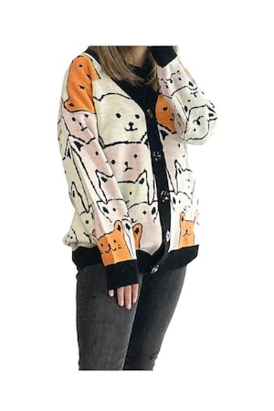 Papin Cardigan with Animal Print, Buttons, Universal Size M-L-XL, Orange