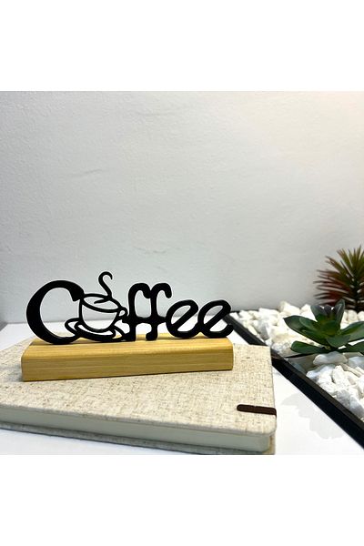 OEM "Coffee Moment" decoration with natural wood base, 7 cm, black, 3D printed