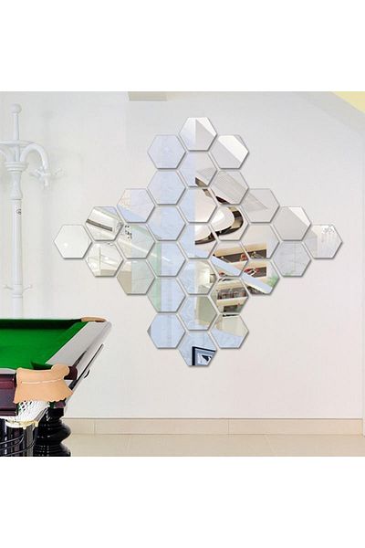 OEM Set de oglinzi decorative acrilice cu design hexagonal, argintii, mărime M, Luxury Home, 24 bucăți/set