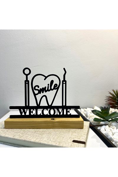 OEM "Welcome Smile" decoration with natural wood base, 13 cm, black, 3D printed