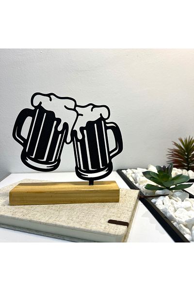 OEM "Cheers, Mates!" decoration with natural wood base, 13 cm, black, 3D printed