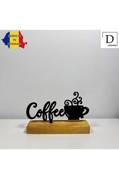 OEM "Coffee Cup" decoration with natural wooden base, 9 cm, black, 3D printed