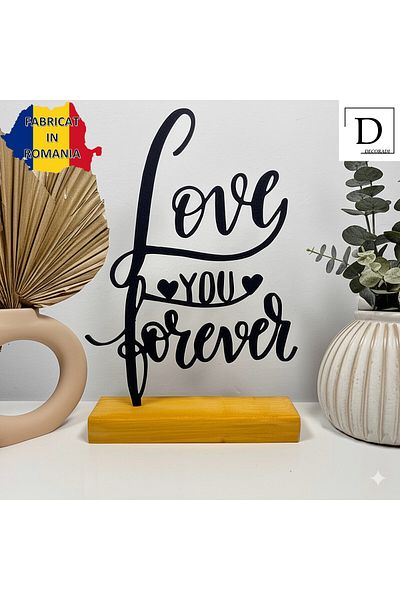 OEM "Love You Forever" decoration with natural wood base, 21 cm, black, 3D printed