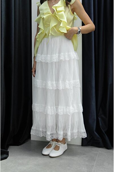 Havoş Ecru Claude Flounced Long Skirt