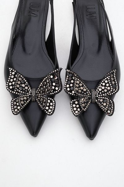 LuviShoes Oriol Black Skin Butterfly Stone Pointed Toe Open Back Women's Ballerina Shoes